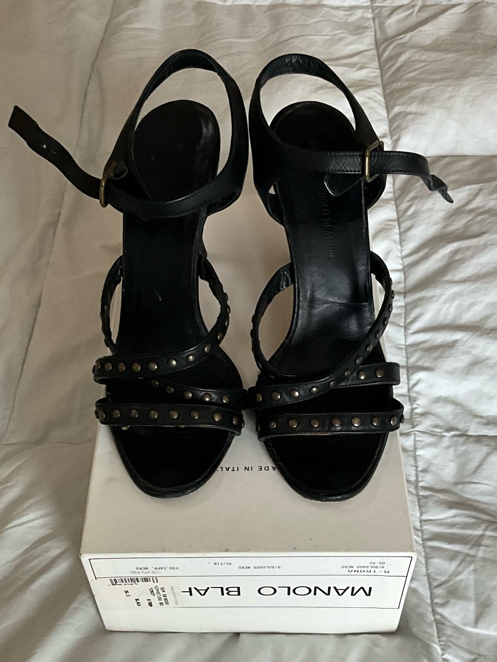 Manolo Blahnik Black Studded Leather Ankle-Strap Heels